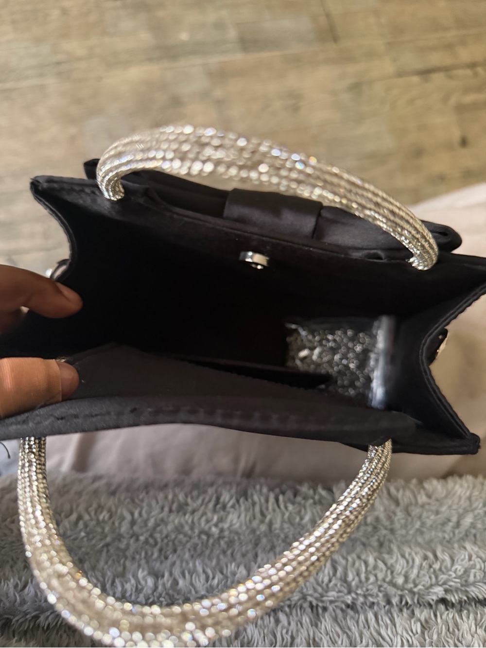 Black Satin Mini Top-Handle Bag with Decorative Bow - Picture 4 of 4